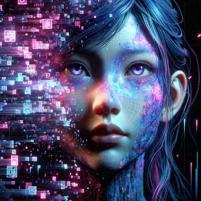 The primary subject of the image is a woman with purple eyes, who appears to be a digital art or illustration. She is surrounded by a colorful and vibrant environment, with a mix of pink, blue, and purple colors. The setting includes a backdrop of a colorful grid, which adds to the overall visual style of the image. The woman's facial features are intricately detailed, and her eyes are the main focus of the image.